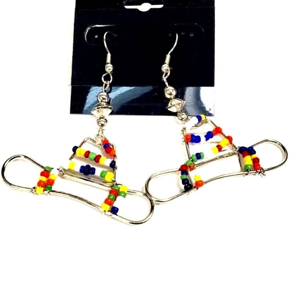 Handmade Colorful Beaded Silver tone Wire Drop Earrings Boho Festival Jewelry #1